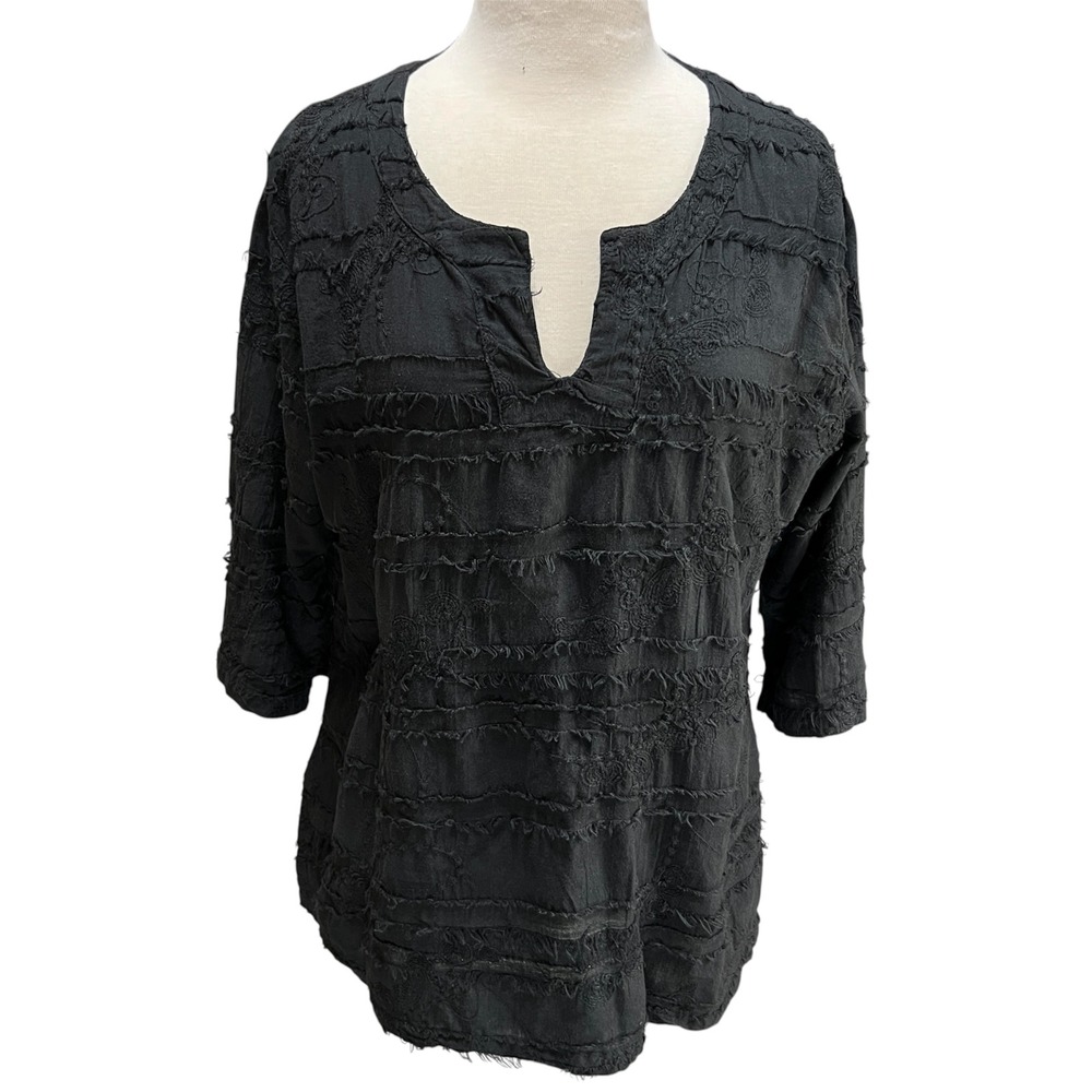 Cottonseed Textured Fringe Embroidered Cotton Top Sz S USA Lagenlook Coastal